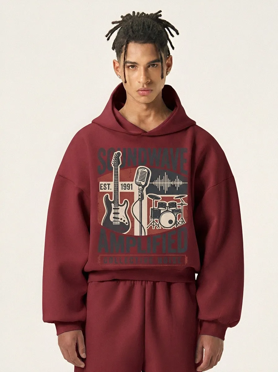 Men‘s Music Lover Soundwave Guitar Drum Printed Hoodie