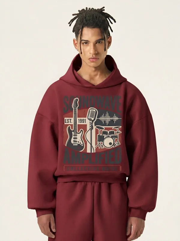 Men‘s Music Lover Soundwave Guitar Drum Printed Hoodie