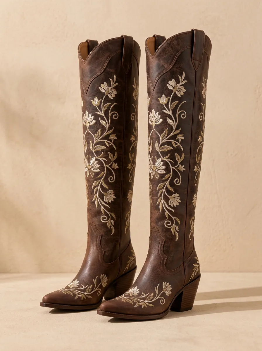 Women's Dark Brown Distressed Floral Embroidered Western Over-the-Knee Boots