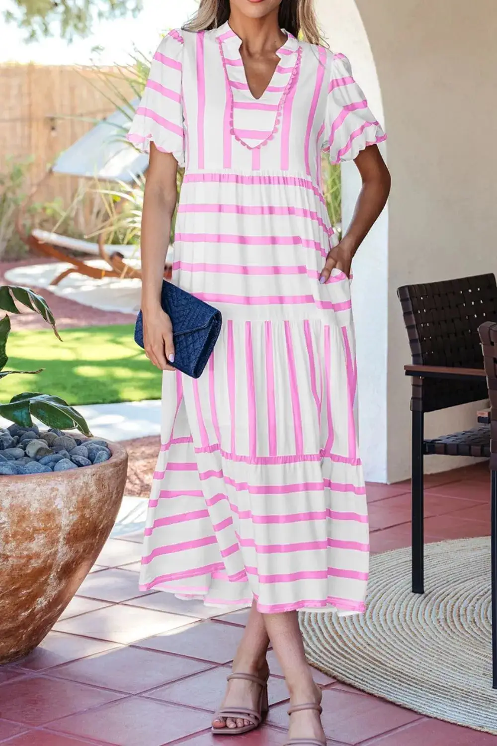 Striped Split Neck Short Sleeve Dress Casual