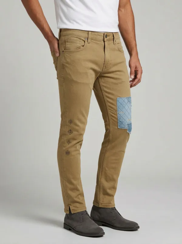 Men's Mid-Blue Distressed Patchwork Embroidered Slim Fit Jeans