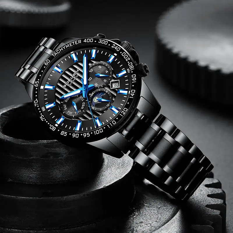 Sollen SL608 Automatic Watch - Men's Multi-Function Moonphase Stainless Steel 5-Bead Bracelet Wristwatch