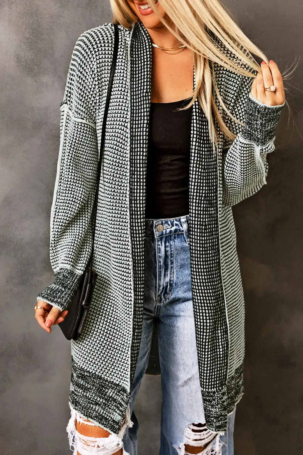 Plaid Knit Long Open Front Cardigan