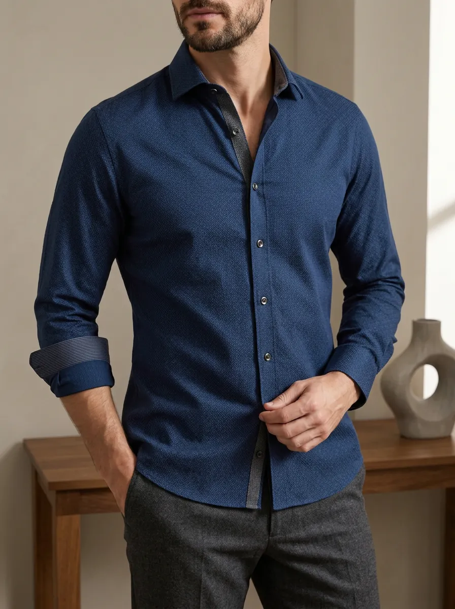 Men's Modern Micro-Print Contrast Trim Long Sleeve Slim Fit Shirt