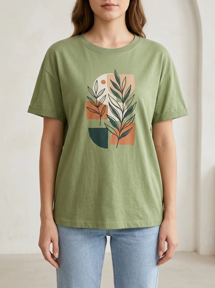 Women's Abstract Botanical Leaf Printed T-Shirt