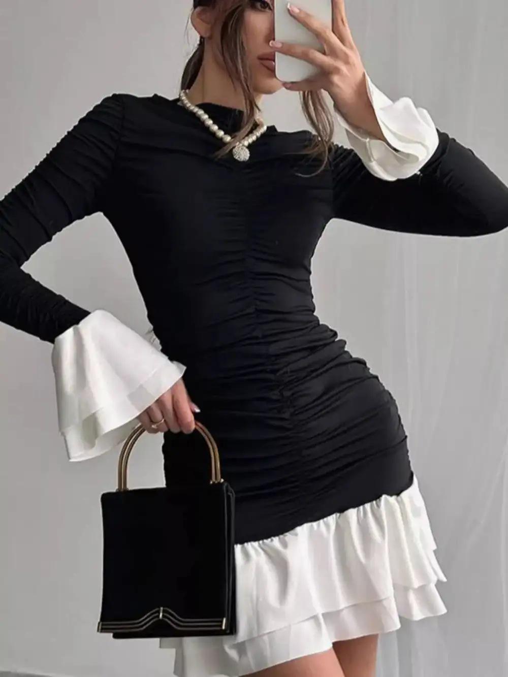 Polished Detail Ruffle Long Sleeve Mini Dress