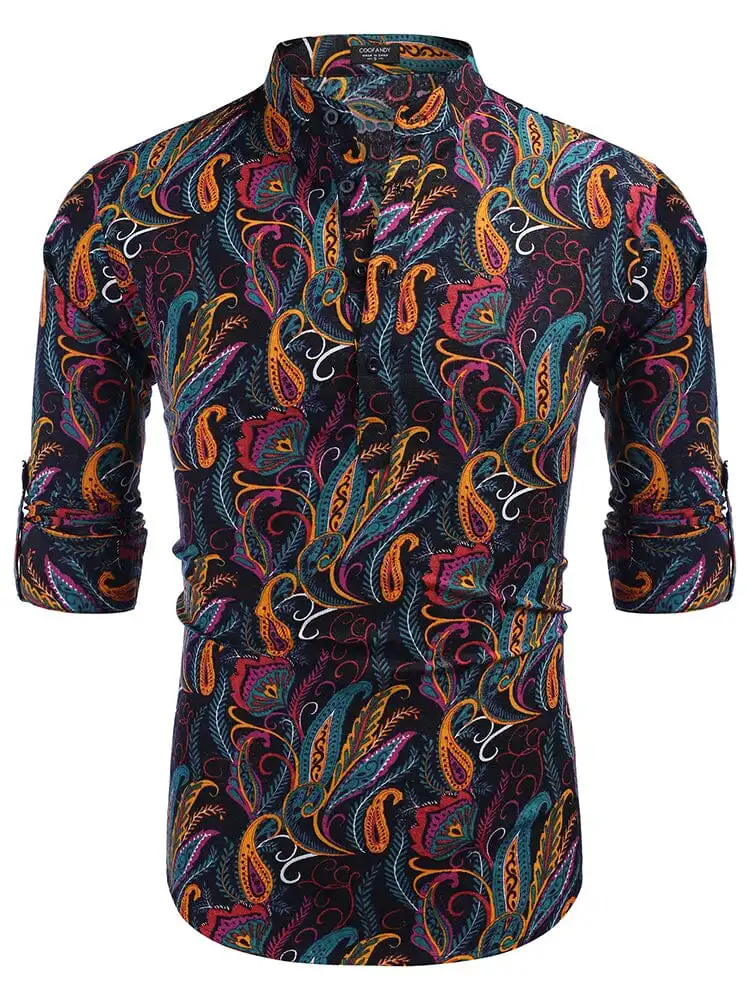 Cotton Linen Printed Henley Shirt