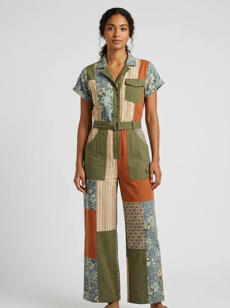 Women's Vintage Floral Patchwork Graphic Jumpsuit