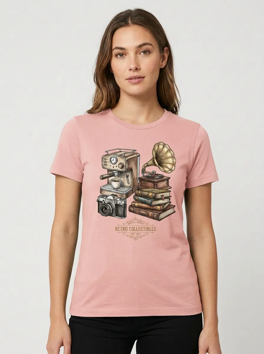 Women's Retro Hobbyist Coffee Camera Gramophone Books Graphic T-Shirt
