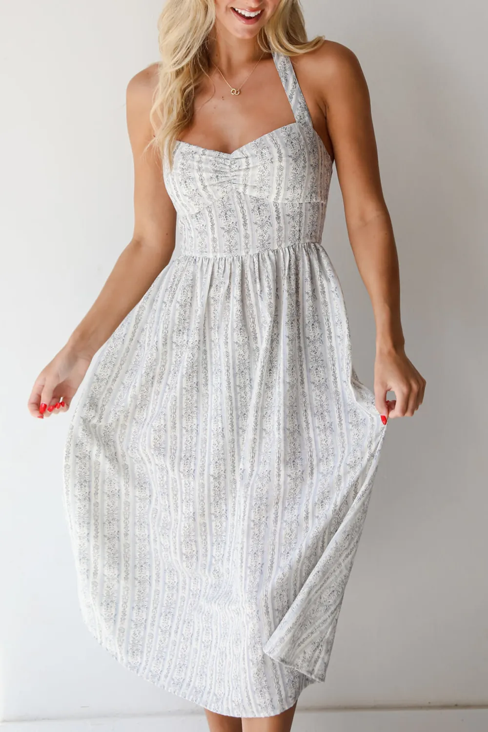 Breezy Composure Blue Striped Floral Halter Midi Dress