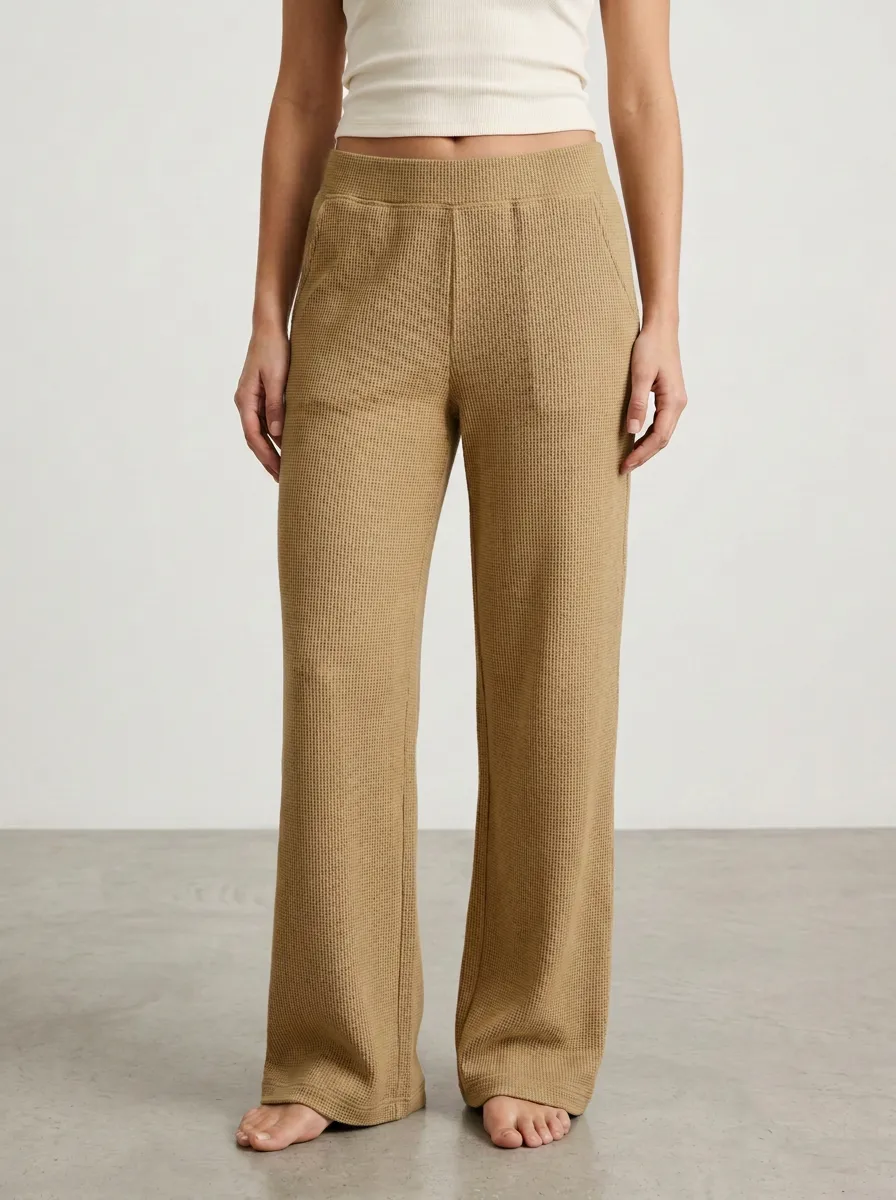 Women's Waffle Knit Beige Solid Color Casual Lounge Pants