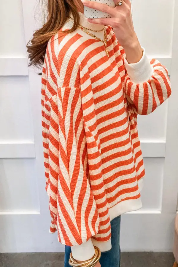 Striped Stand Neck Oversized Cotton Blend Long Sleeve Top
