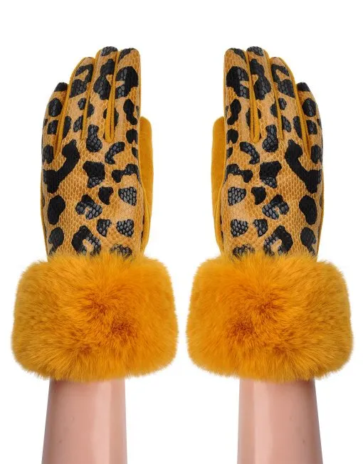 Leopard Print Fur Trim Gloves