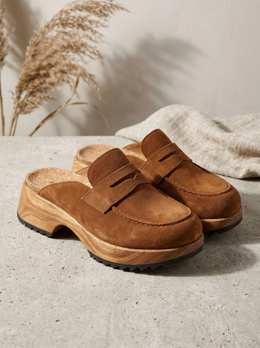 Women's Rugged Platform Minimalist Suede Wood Sole Loafers