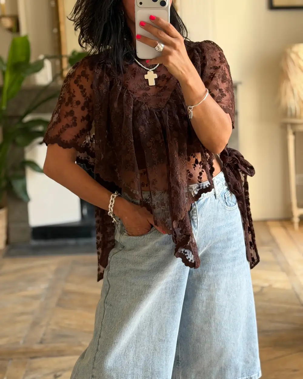 Sleek Cotton Lace-Trim Blouse