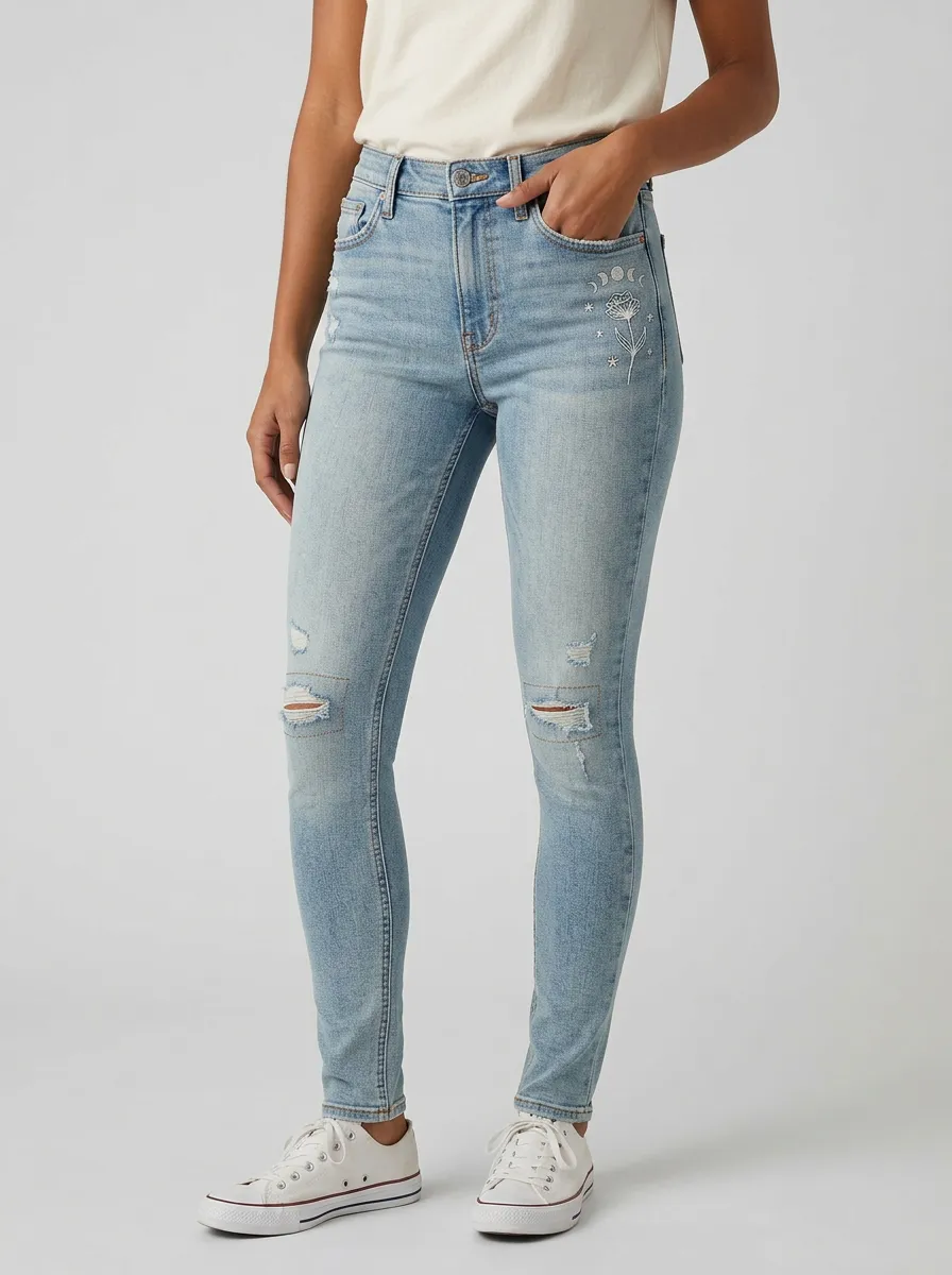Women's Celestial Flower Moon Phases Printed Slim Jeans