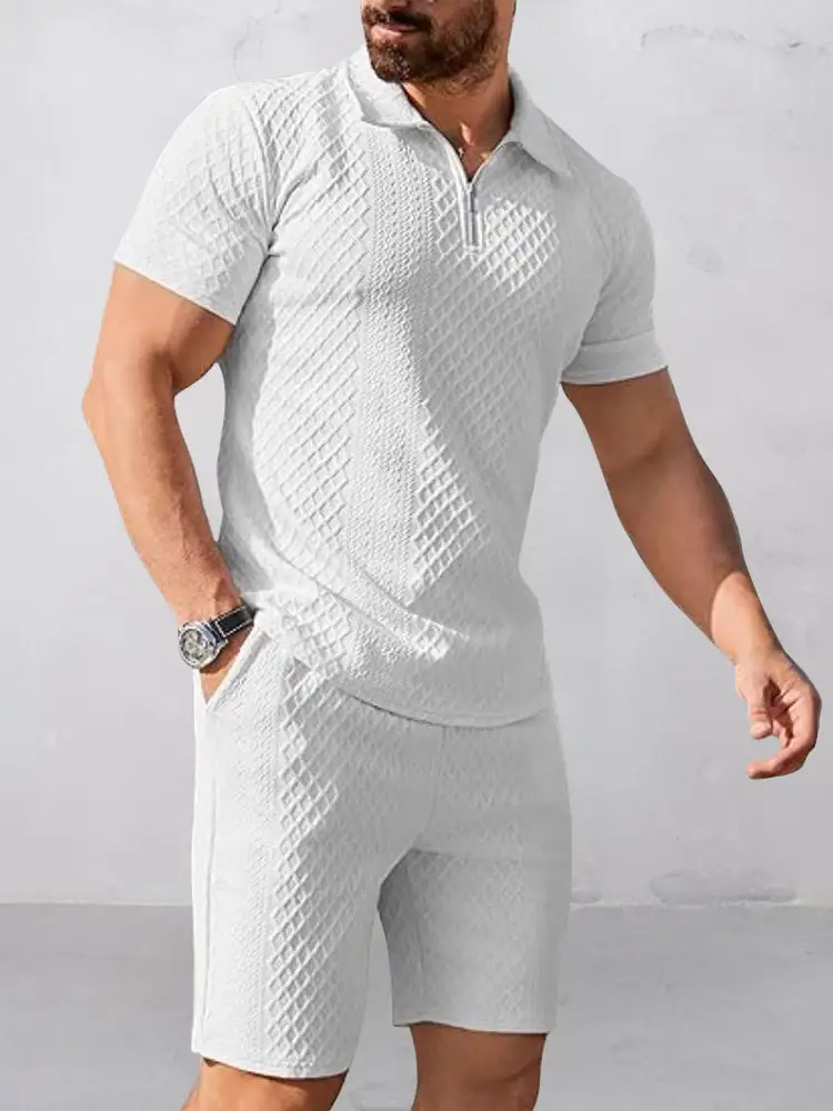 Trendy Textured Polo Shorts Outfit Two Piece Set