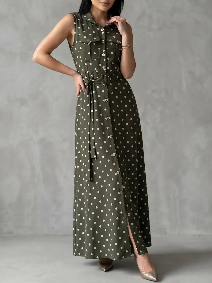 Polka Dot Buttoned Belted Sleeveless Shirt Maxi