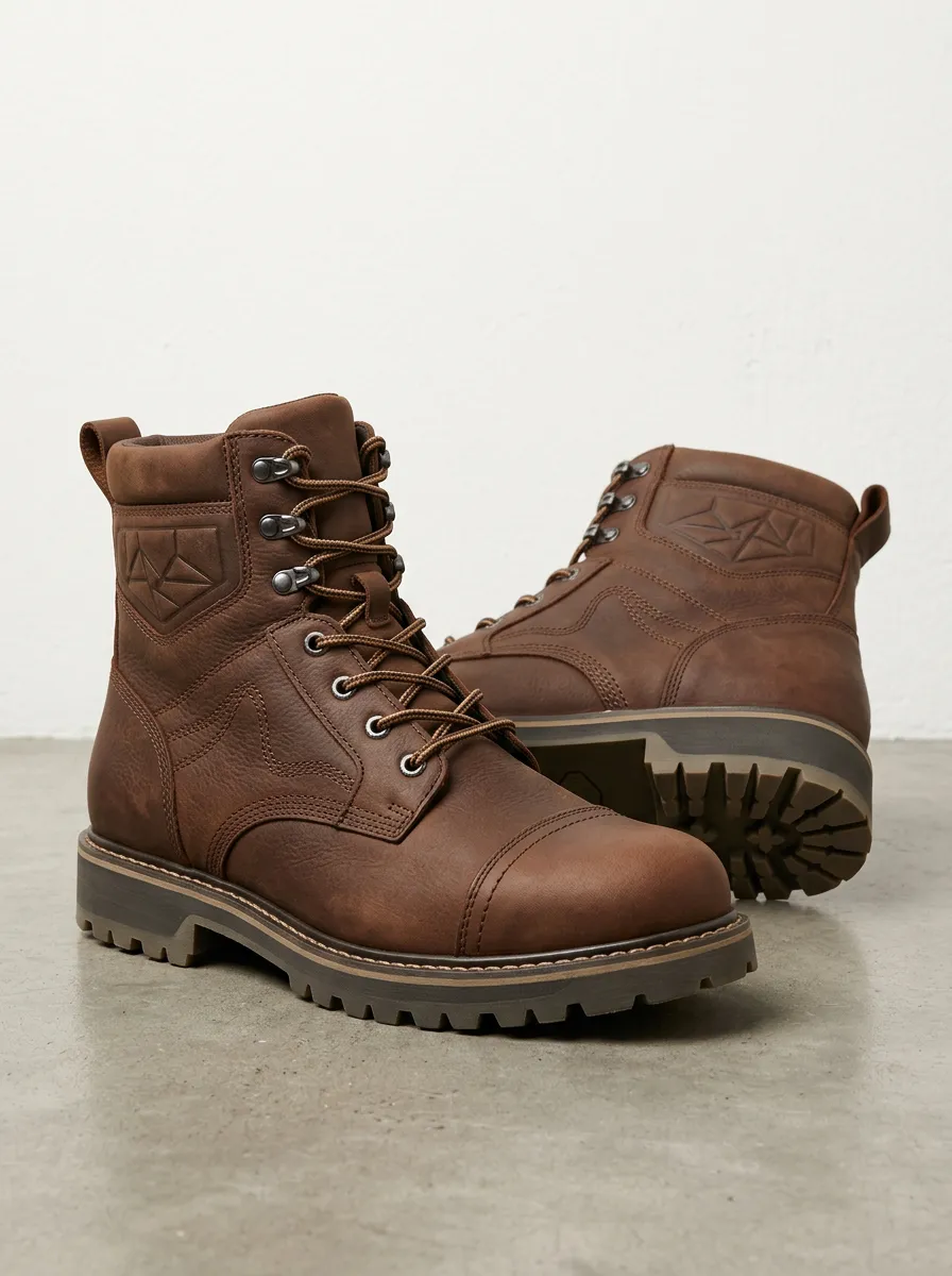 Unisex Geometric Embossed Leather Work Boots