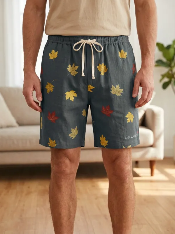 Tan Maple Leaf Print Drawstring Scattered Shorts