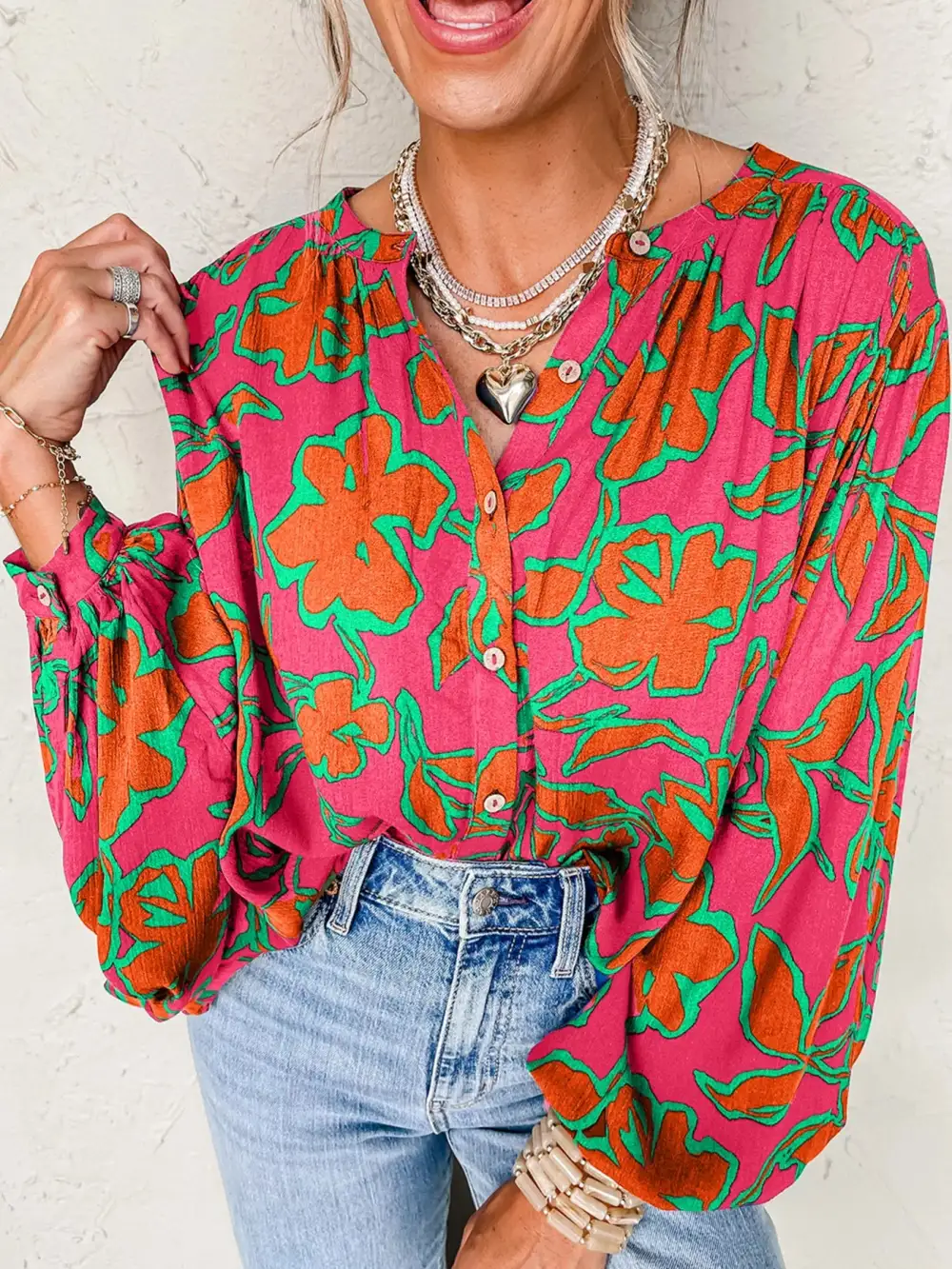 Print Batwing Sleeve Buttoned Loose Fit Shirt