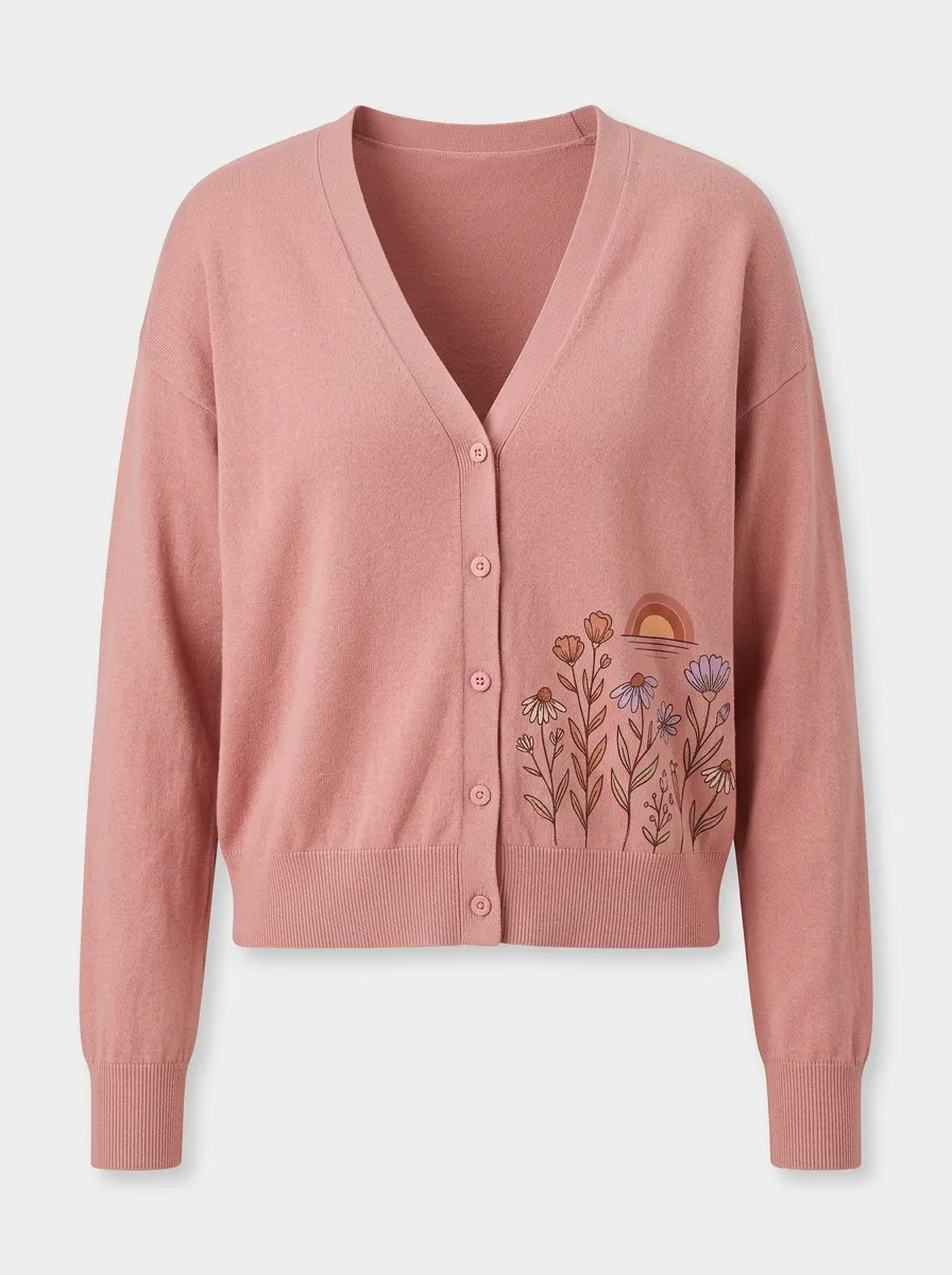 Women's V-Neck Button-Front Graphic-Print Floral-Motif Cardigan