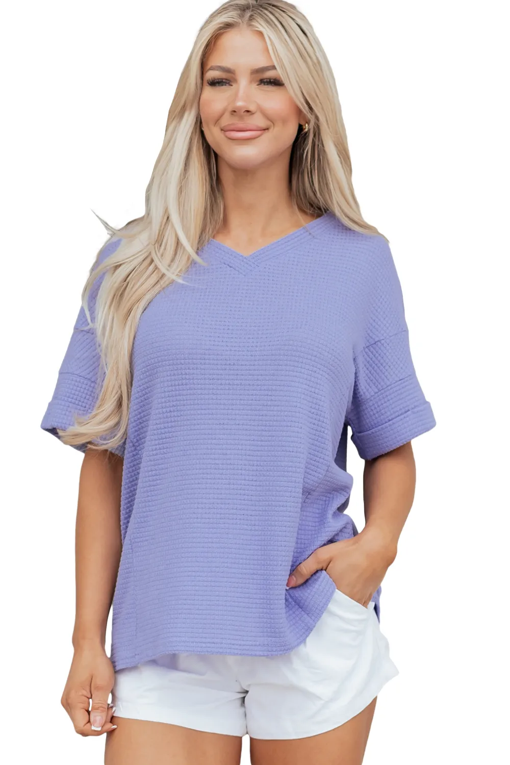 Wisteria Waffle V Neck Short Sleeve Top