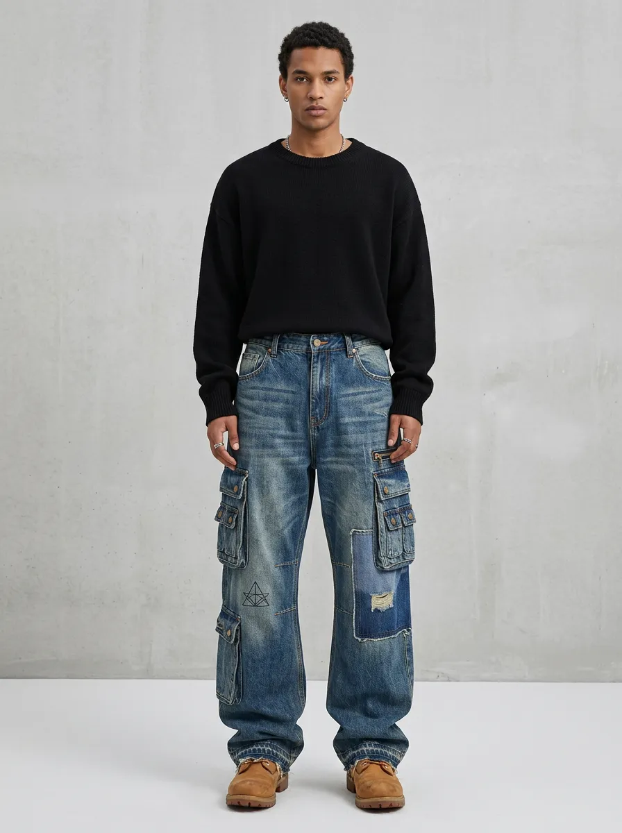 Men's Geometric Graphic Distressed Patchwork Cargo Jeans