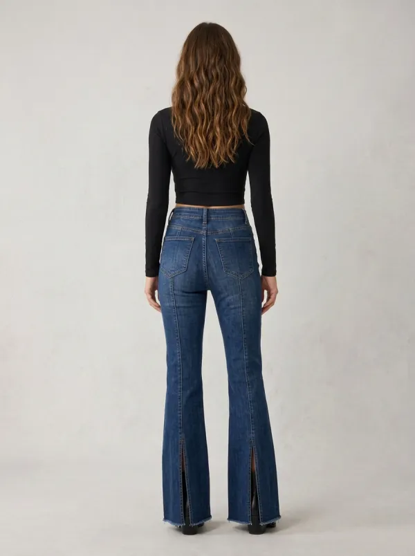 Women's High-Waisted Front-Slit Flared Denim Jeans