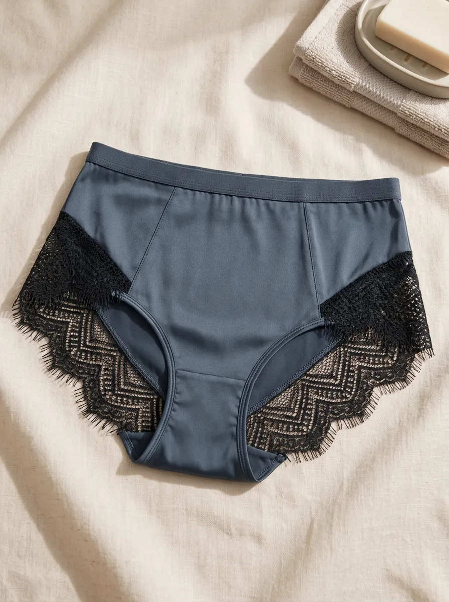 Women's Grey Satin Black Lace Trimmed Panties