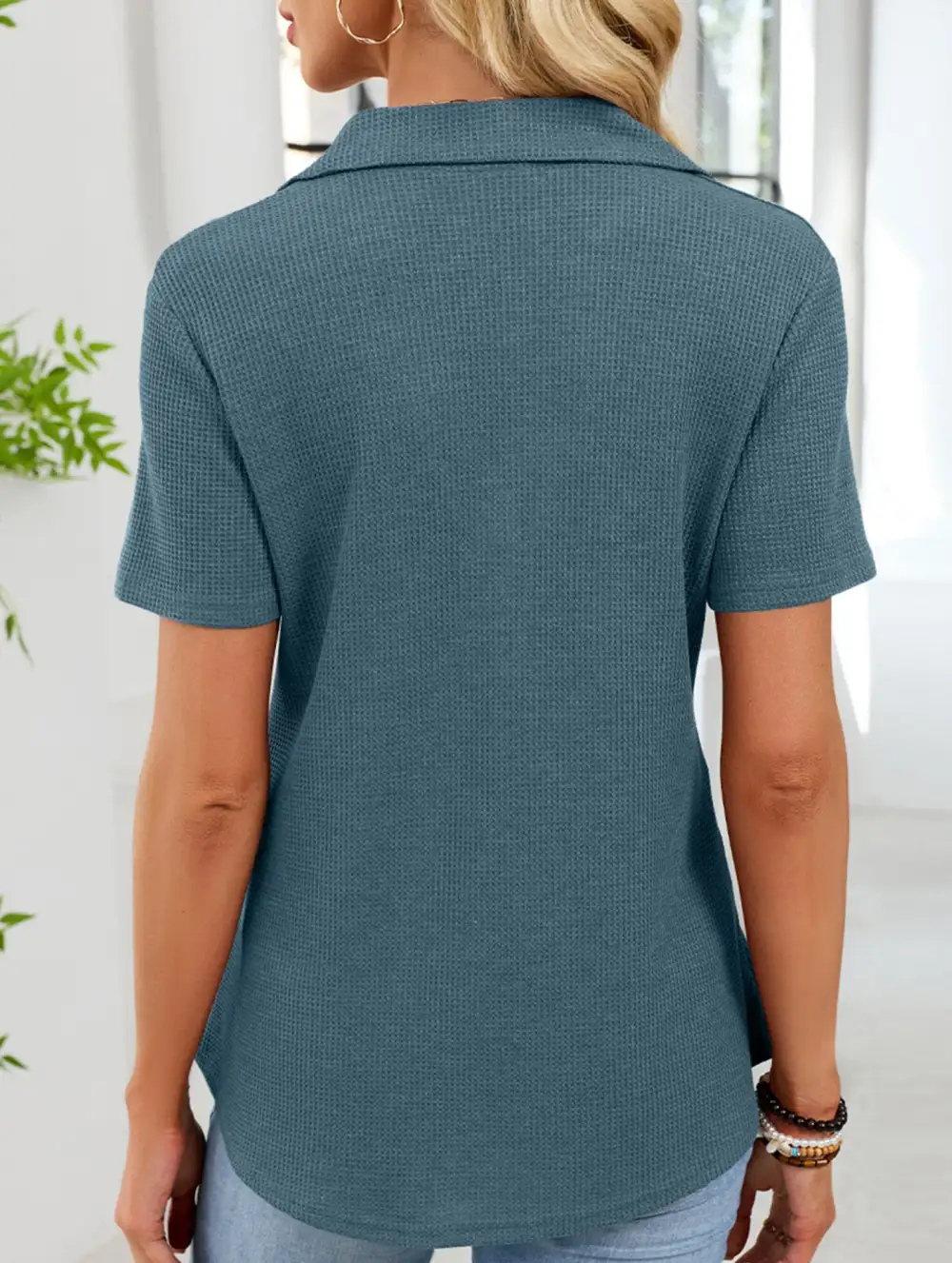 Lapel Waffle Knit Short Sleeve Top