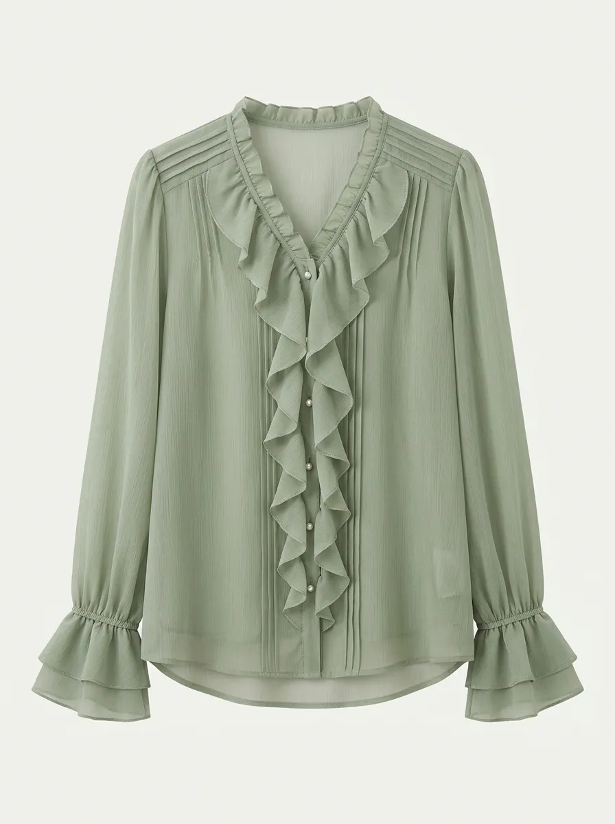 Women's Sage Green Ruffled Pleated Chiffon Button-Up Blouse