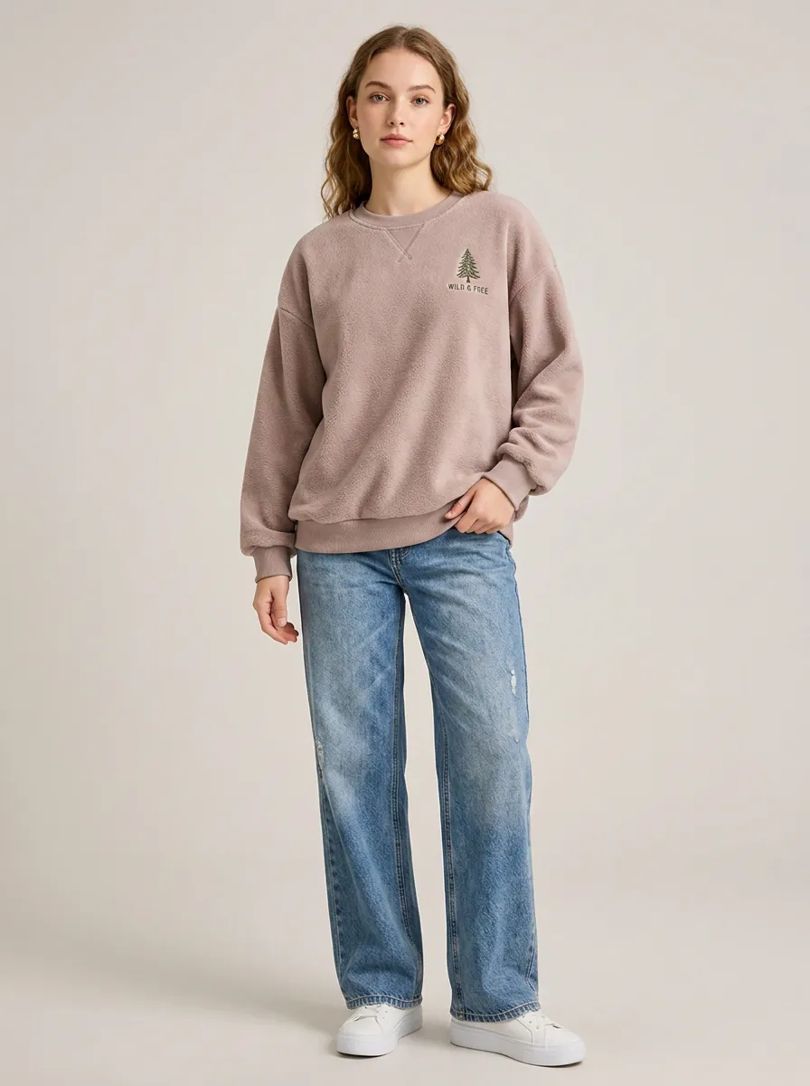 Women's Nature Lover Wild & Free Pine Tree Printed Fleece Sweatshirt