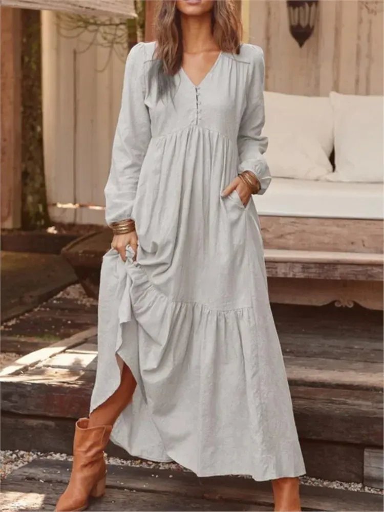 Long Sleeve Linen Blend Cotton Blend Maxi Tie Detail Dress