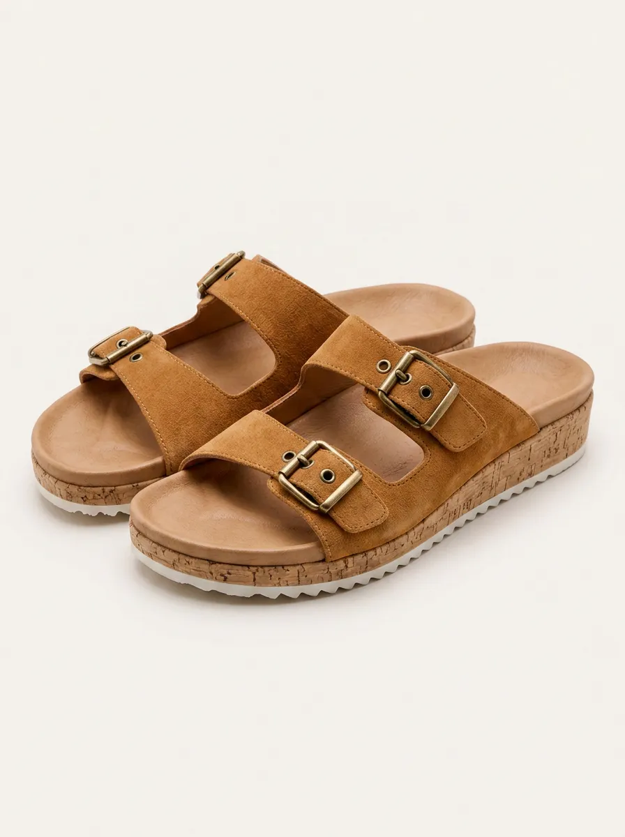 Women's Casual Suede Double Buckle Cork Sole Sandals