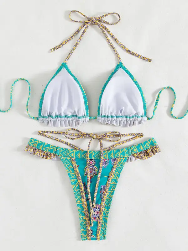 Ethnic Print Halter Neck Tie Bikini Swim Set