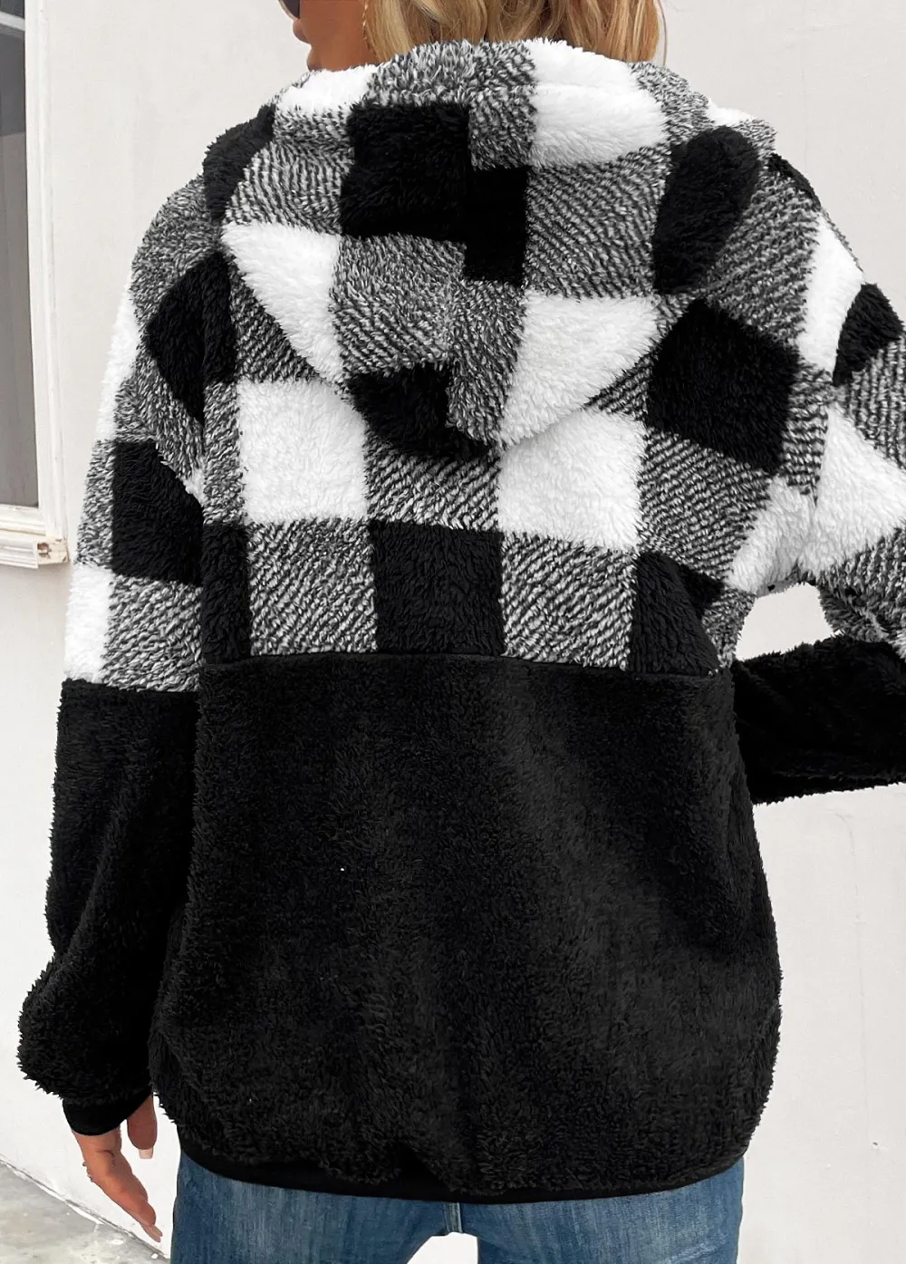 Black Pocket Plaid Long Sleeve Hooded Coat