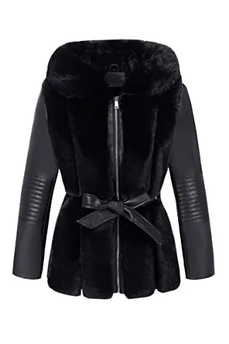 Women Faux Leather Jacket Short Belted Fall Winter Fashion Warm Casual Moto Biker Coat Shaggy Fur Hooded Outwear