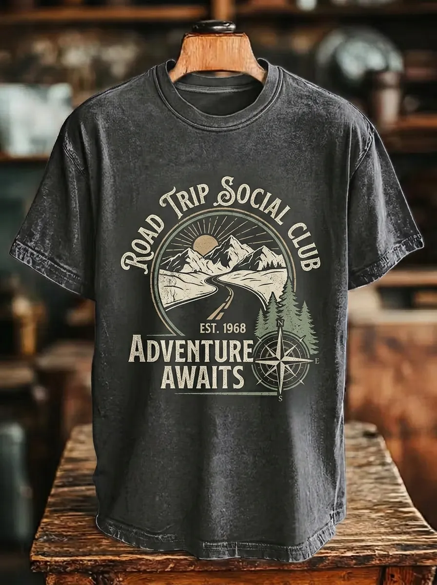 Unisex Road Trip Adventure Mountain Compass Printed T-shirt