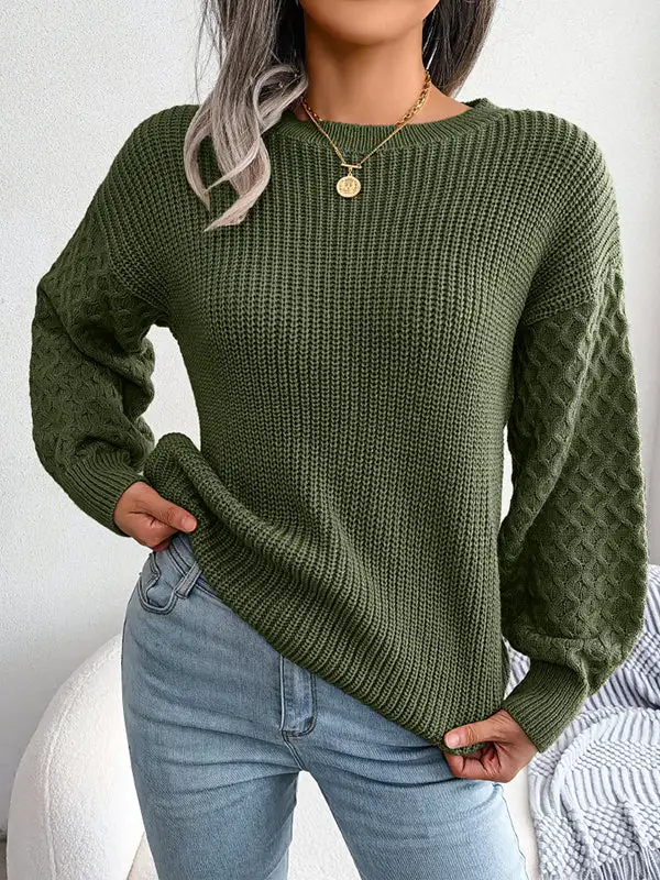 Cable Knit Round Neck Long Sleeve Relaxed Fit Sweater