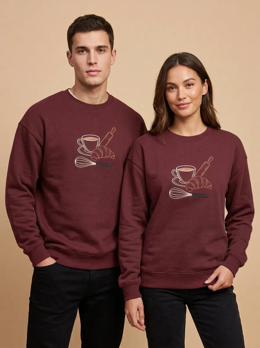 Unisex Baker Coffee Croissant Whisk Printed Sweatshirt