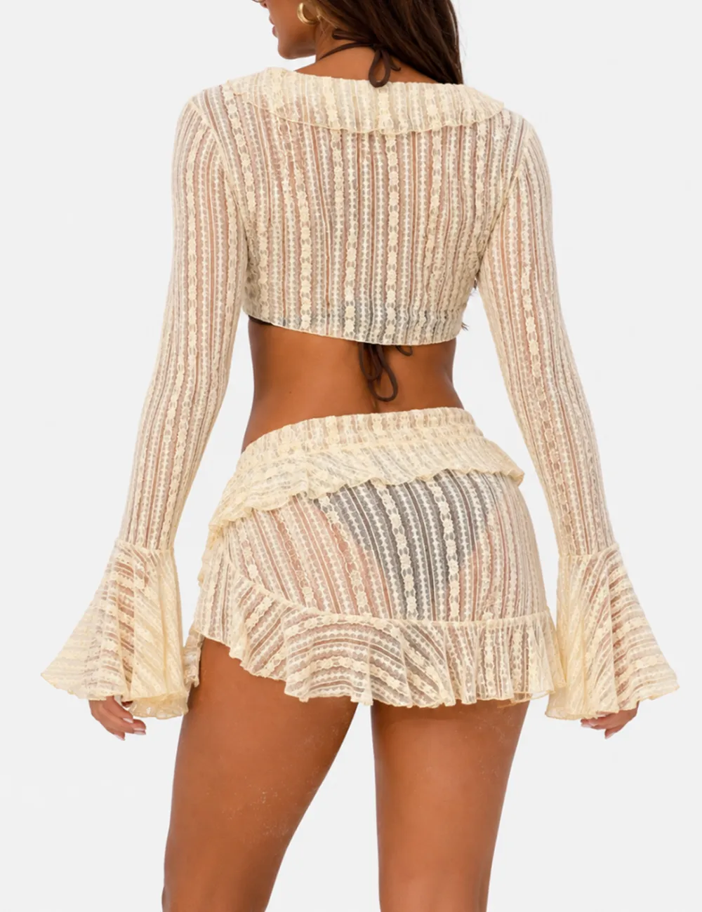 Solid Color Triangle Bikini Four Piece Set with Cover Up and Mini Skirt