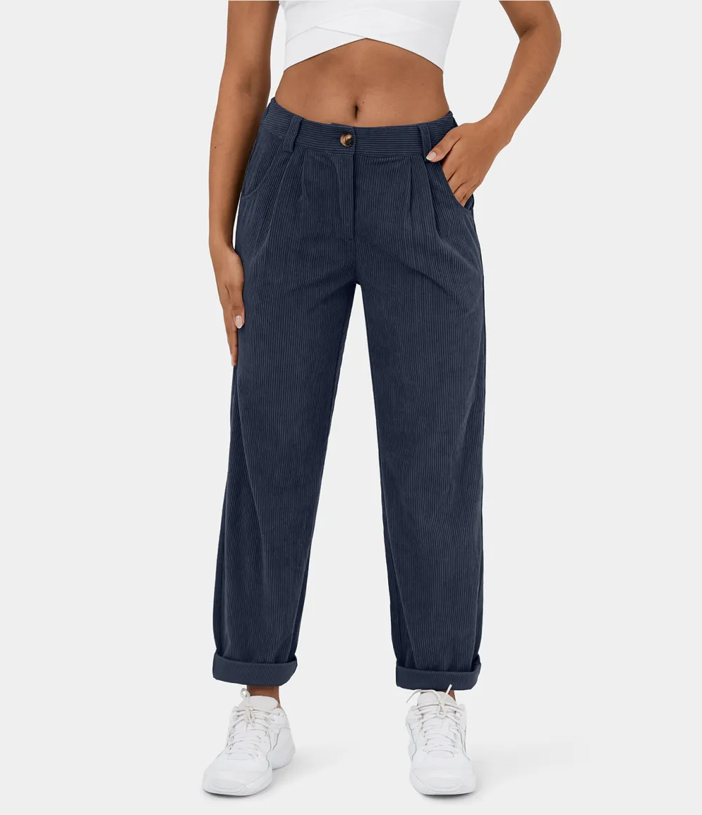 Mid Rise Button Zipper Side Pocket Corduroy Casual Pants