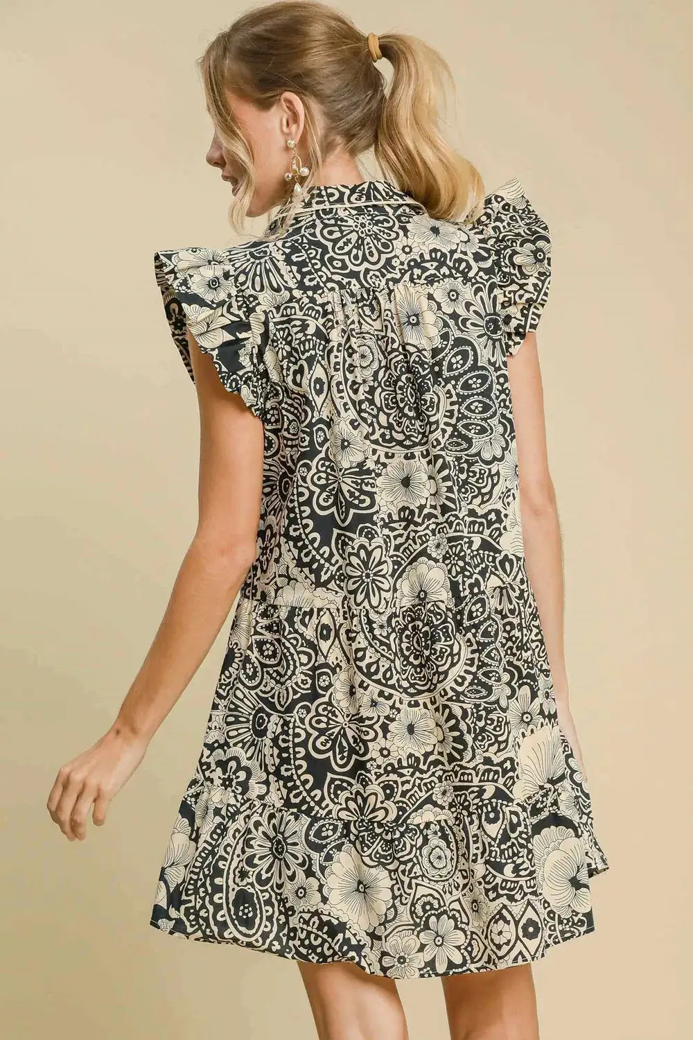 Printed Ruffle Cap Sleeve Babydoll Dress