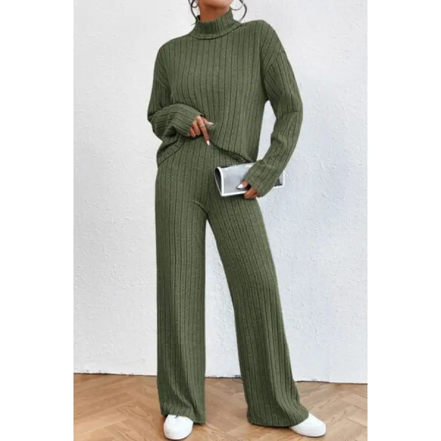 Mock Neck Dropped Shoulder Top and Pants Set