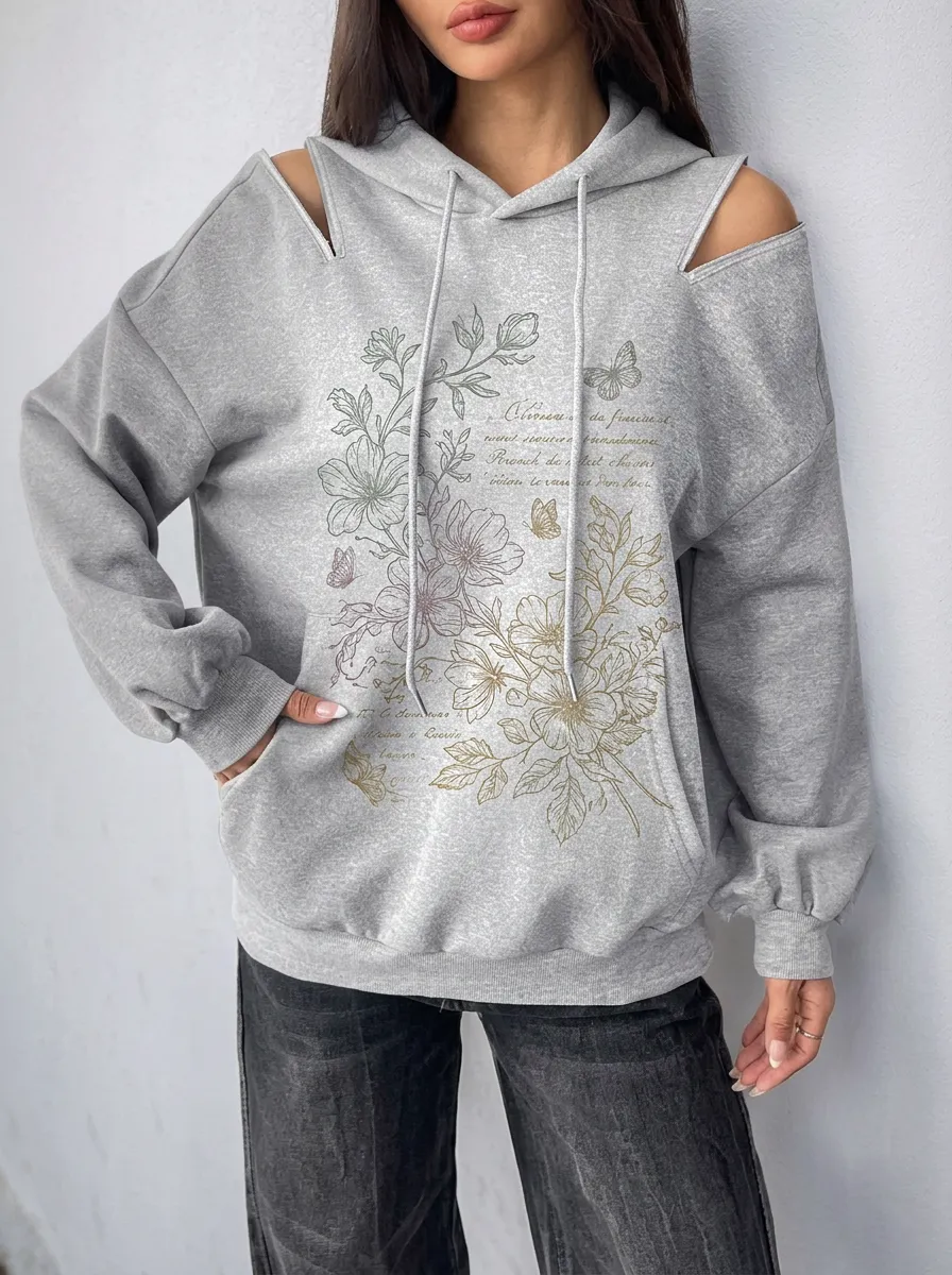 Women's Floral Butterfly Botanical Printed Cold Shoulder Hoodie