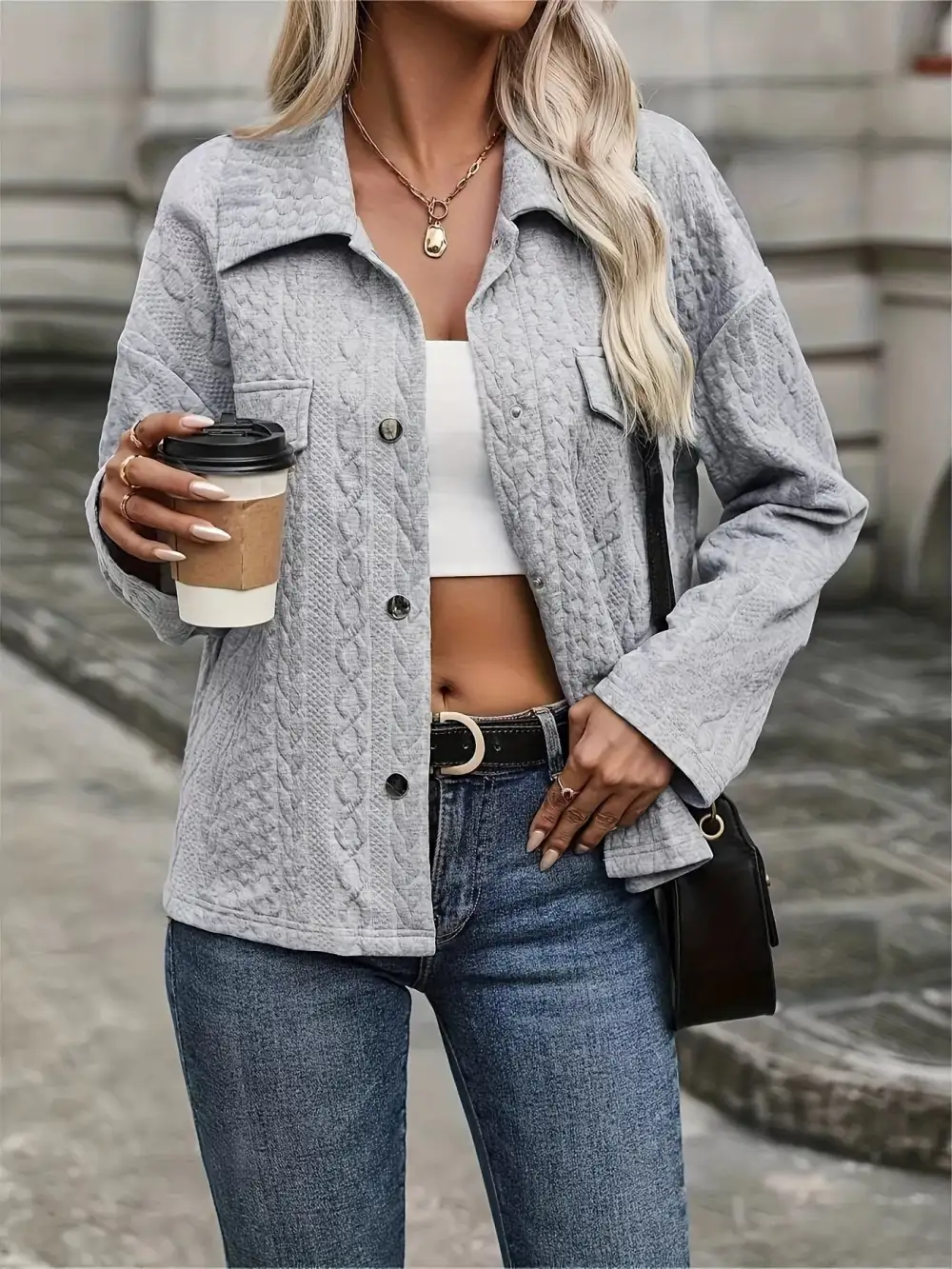 Textured Knit Button-up Jacket
