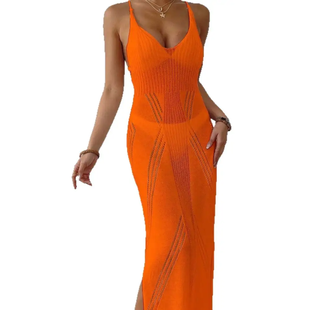 Women's V-Neck Spaghetti-Strap Mesh Slit Maxi Dress