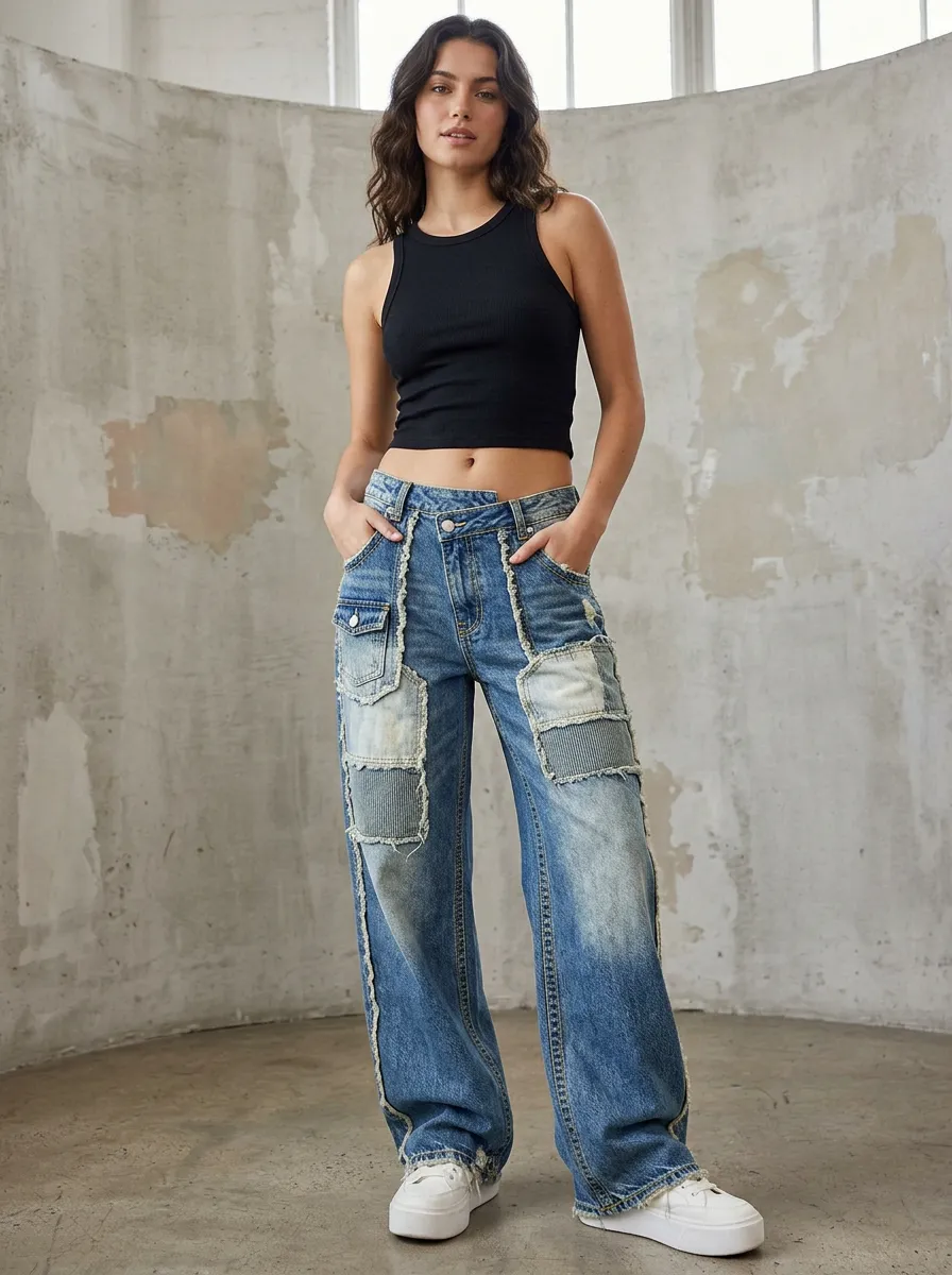 Women's Y2K Fashion Distressed Patchwork Printed Wide Leg Jeans
