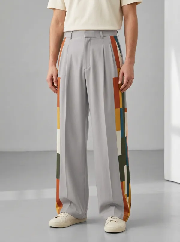 Men's Geometric Color Block Side Printed Wide Leg Trousers